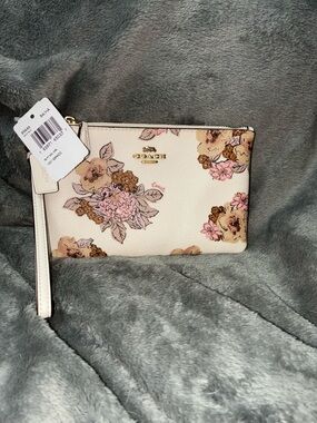 Coach Floral Wristlet in Cream with Pink and Brown Accents